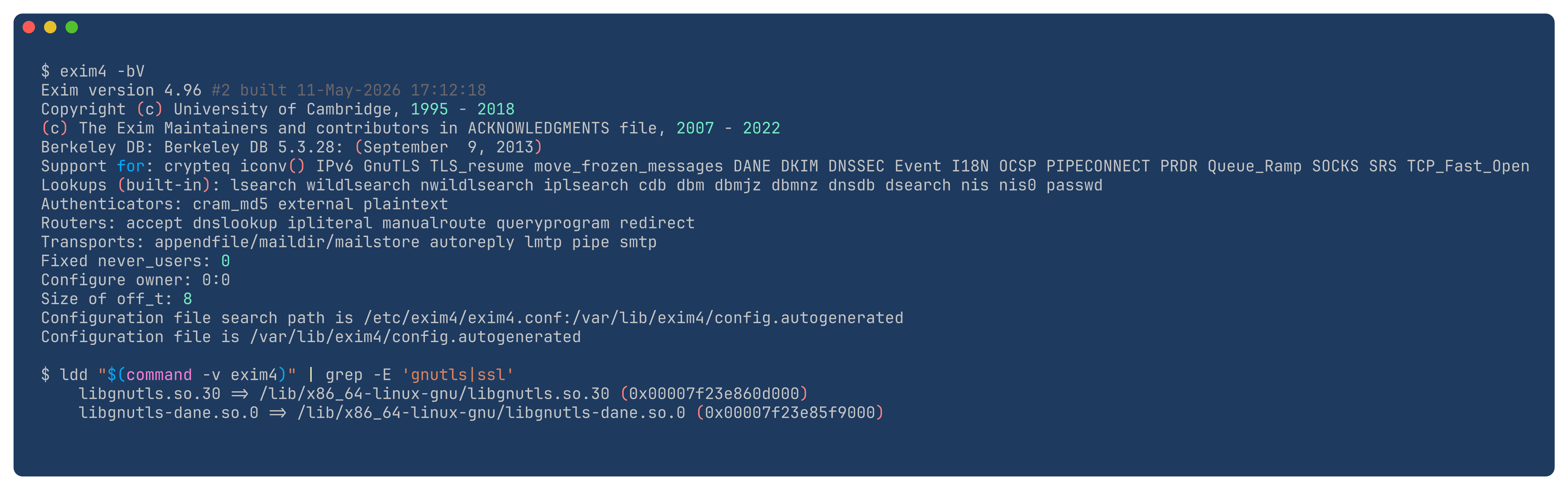 exim -bV output on debian:12 showing GnuTLS in the Support for line, and ldd output showing libgnutls.so.30 linked into the binary