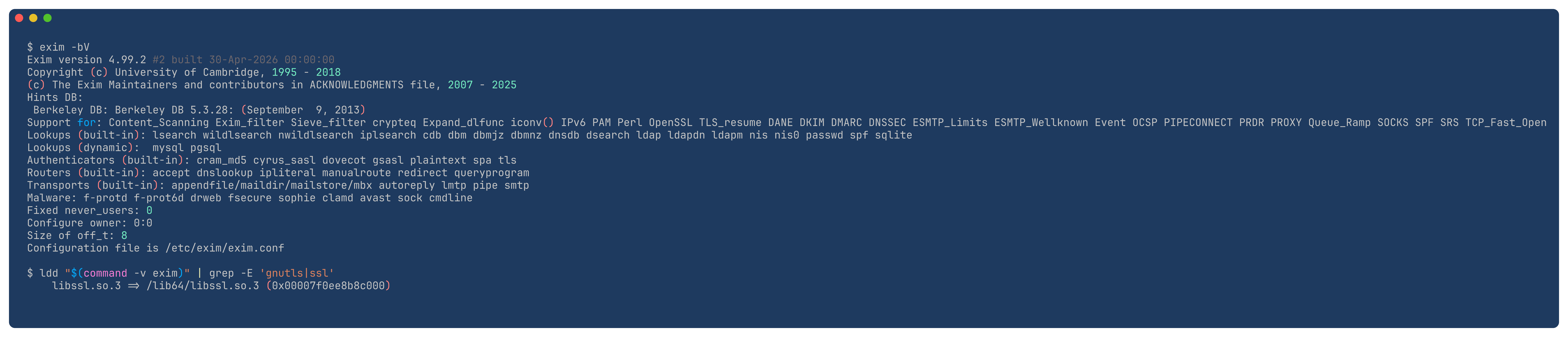 exim -bV output on rockylinux:9 showing OpenSSL in the Support for line, and ldd output showing libssl.so.3 and libcrypto.so.3 linked into the binary